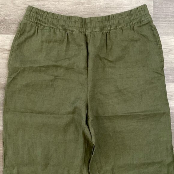 Whistles 100% Linen Wide Leg Crop Pants Womens 14 Olive Green Elastic Waist Soft - Picture 6 of 9